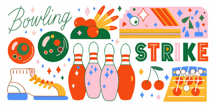 Bowling pins ball and shoe illustration in a colorful retro style