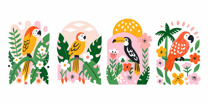 Tropical Birds And Foliage Colorful Vector Illustrations