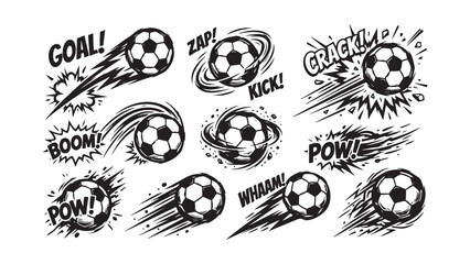 Comic style soccer ball illustrations with sound effects and motion lines © MdDulal