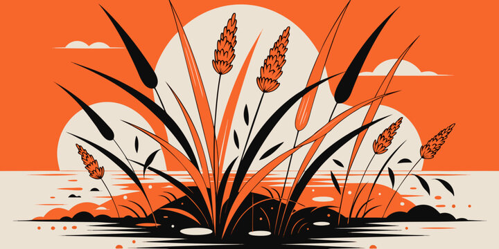 Illustration of wheat stalks growing in a field with a sunset background illustration agriculture countryside botanical vegetation landscape creative stylized illustrated rendering abstract