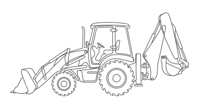 A detailed line art illustration of a heavy duty construction backhoe loader vehicle.