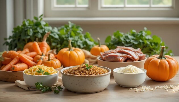 Fresh organic pumpkins and bowls of healthy grains with vegetables on a rustic kitchen table for autumn meal. canine meal prep
