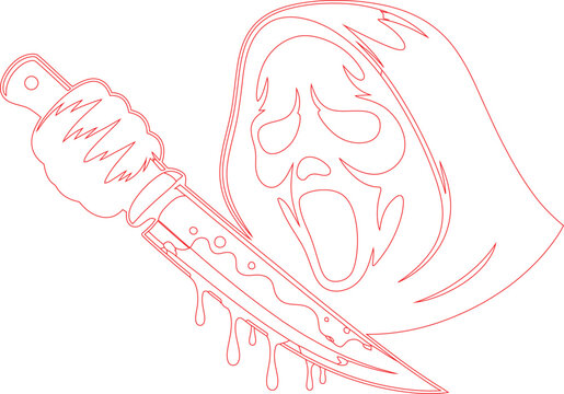 Horror themed outline drawing showing a fright mask and a dripping blood covered knife