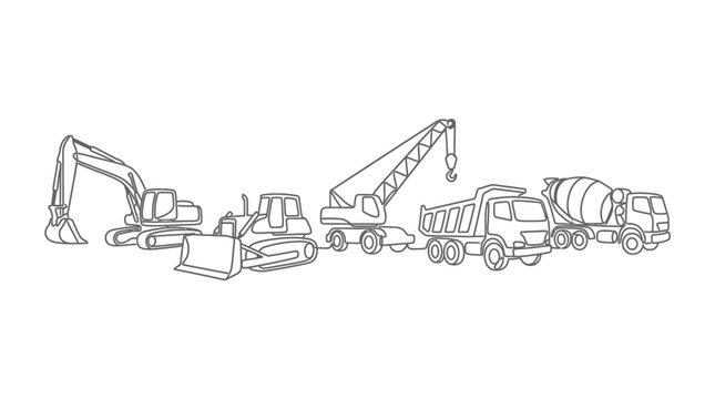 A collection of construction vehicles drawn in a continuous line art style.