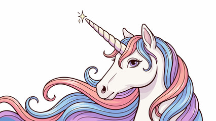 Naklejka premium Magical unicorn portrait with rainbow colored hair and glitter mythical creature
