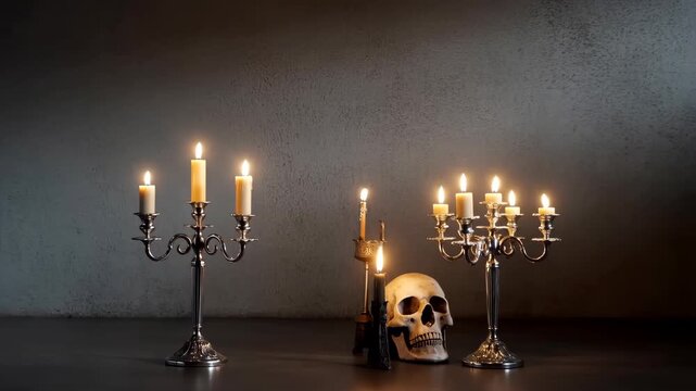 Vintage candle holders and skull on dark moody background