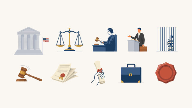Legal and judicial services icon set for law office business with briefcase, document