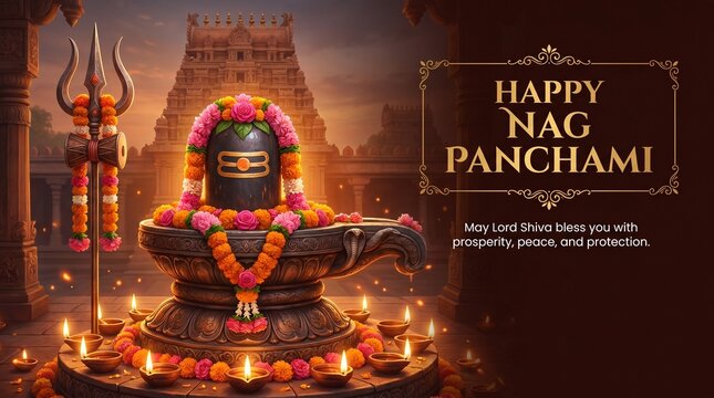 Happy Nag Panchami festival banner with Lord Shiva Lingam and trishul