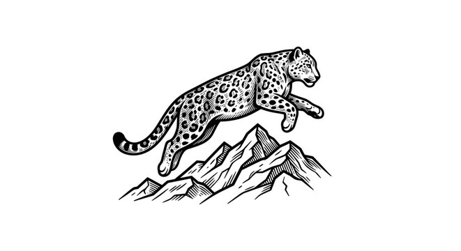 Leopard jumping on mountain peak.