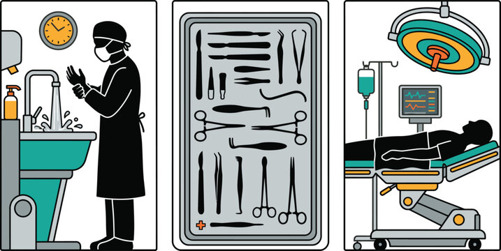 Technician Medical Procedure Flat Vector Set with Surgery Gloves, Sterilization Tools, and Clean Environment Icons