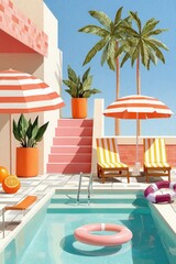 Obraz premium Colorful retro swimming pool scene with striped umbrellas, sun loungers and tropical palms