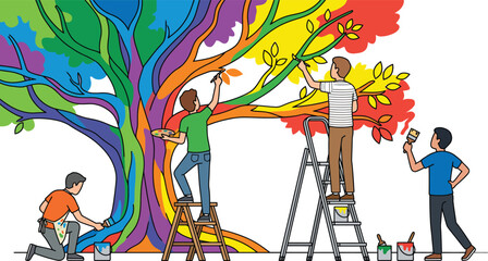 Tree Mural Painting Scene with Minimalist Flat Vector Artists Working on Colorful Leaves and Branches © MD