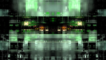 Naklejka premium Shapes and colors blend in modern style, creating digital art scene that appears to be in virtual space. Light reflects off dark surfaces in this design. 3d render
