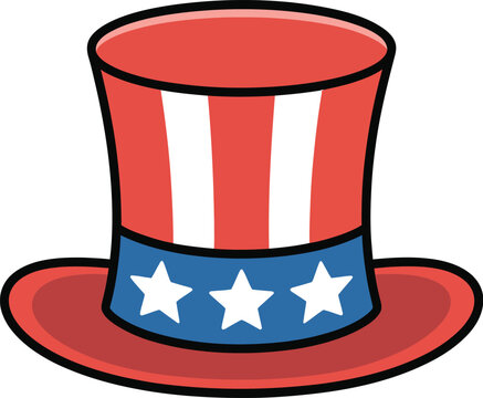 Uncle sam hat red and white vertical stripes with a blue band featuring three white stars, flat stovepipe hat