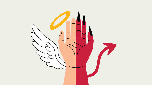 Illustration of a hand divided into an angelic wing with halo and a devilish red hand