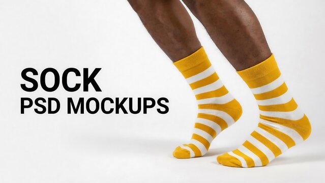 man wearing yellow and white striped socks on white background