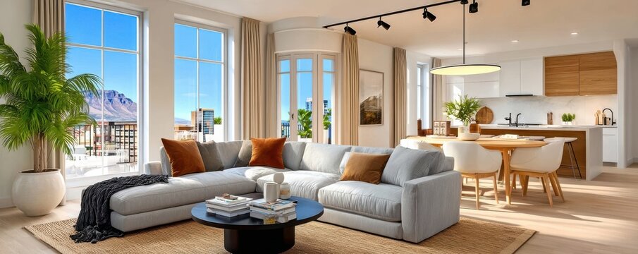 Bright contemporary open-plan living and dining area with large windows and mountain view
