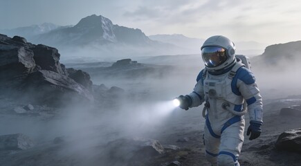 Obraz premium Space explorer investigating a habitable alien world hidden beneath dense mist and strange atmospheric glow