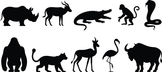 Wild African animals black silhouettes set featuring rhino crocodile monkey gorilla lion flamingo and buffalo isolated on white background vector © ASDF