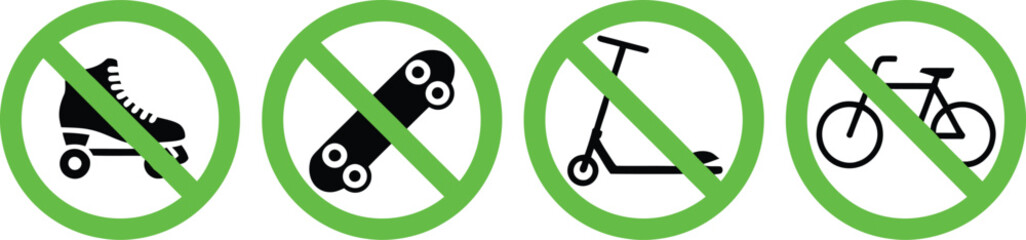 Set of four green circular prohibition signs showing no roller skating skateboarding kick scootering and cycling allowed in this area © ASDF