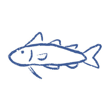 Cod haddock bass fish crayon wax doodle, rough textured hand drawn, marine creature, sea animal, aquatic life, swimming seafood, ocean wildlife, blue line