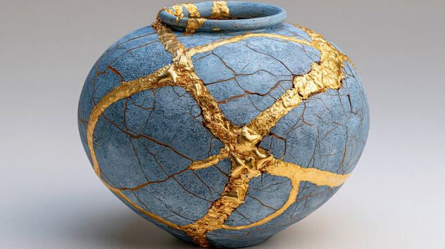 bennington. Shattered ceramic vase repaired with golden lacquer, kintsugi art on simple background. event programs, museum guides, designed for cultural heritage projects and event programs.