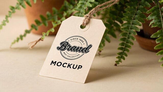 White tag with brand logo and mockup text on beige surface with green plants