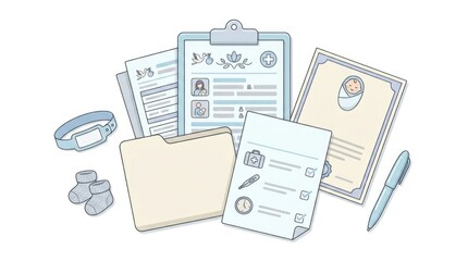 Fototapeta premium Hospital admission documents and childbirth essentials for maternity planning and newborn care on a white background
