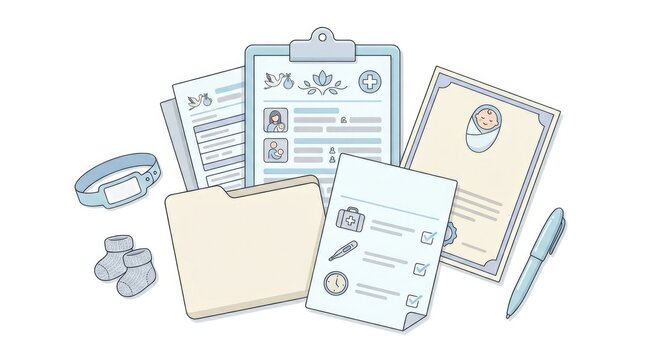 Hospital admission documents and childbirth essentials for maternity planning and newborn care on a white background