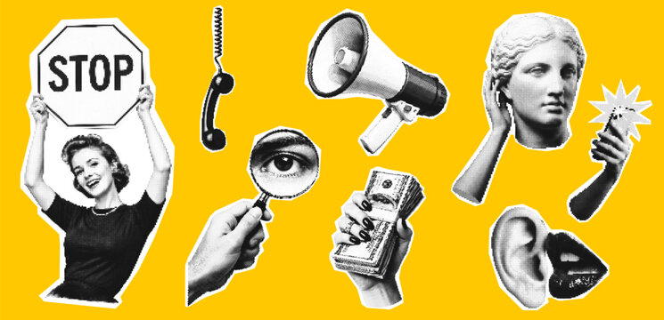 Vintage collage elements set with hands eyes megaphone statue and retro cutouts