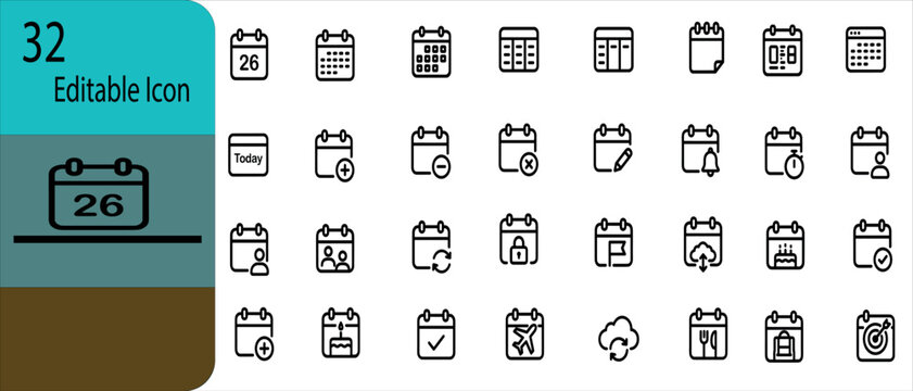 Calendar and Schedule Planner Vector Icon Set Featuring 32 Editable Black Line Symbols for Event Management Time Tracking and UI Designs