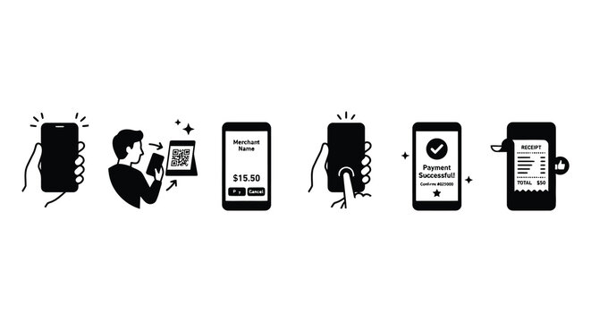 Mobile Payment Icons Black Silhouette Style On White Background