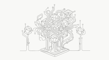 Fototapeta premium Continuous line drawing of a complex digital circuit tree structure.