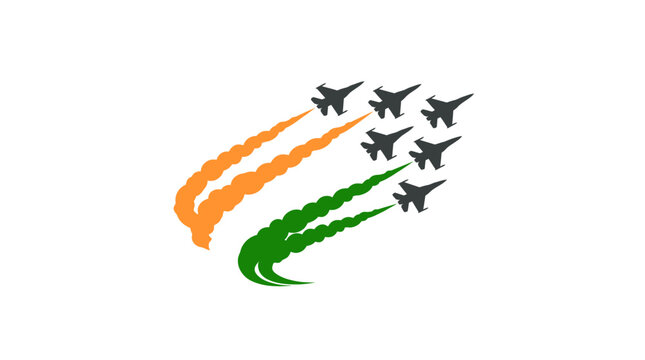 Formation of fighter jets leaving orange and green smoke trails.
