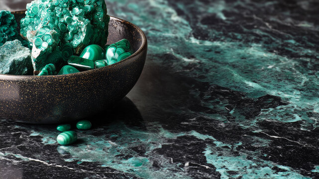 Raw Malachite Gemstone in Bowl: A close-up shot showcases rough, vibrant green malachite stones, both in a dark, textured bowl and scattered on a swirling, dark, and green marble surface.