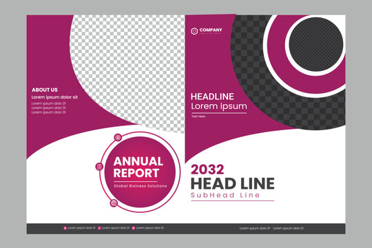 Vibrant purple and black annual report template with modern design elements and