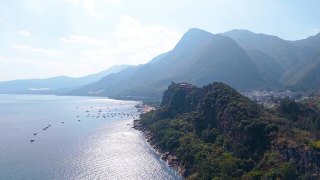 Aerial view of Lu Cong Scenic Area in Fuxian Lake, Yunnan Province