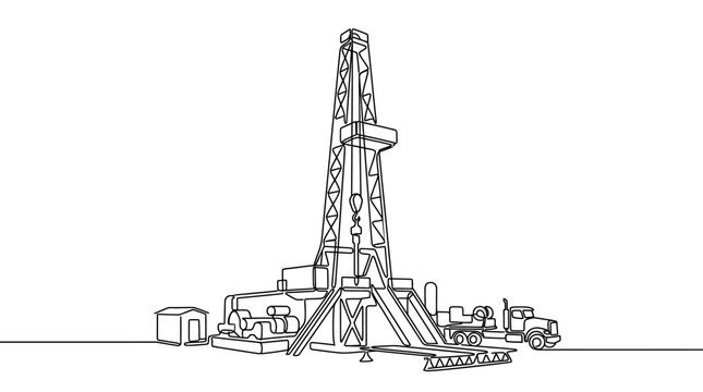 A continuous line drawing of an industrial oil drilling rig structure.