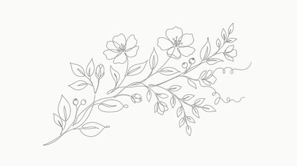 Fototapeta premium Delicate hand drawn floral branch illustration with blossoms and leaves.