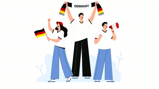 Editorial vector animation of Germany football supporters celebrating victory with flags, scarves, and cheers. Modern flat character motion graphics for soccer, sports events, and German fan culture.