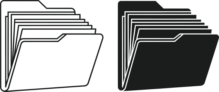 Two graphic representations of a file folder with multiple paper inserts shown in line art and solid silhouette form