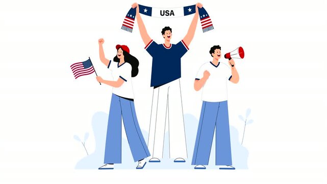 Editorial vector animation of USA football supporters celebrating victory with flags, scarves, and cheers. Modern flat character motion graphics for soccer, sports events, and American fan culture.