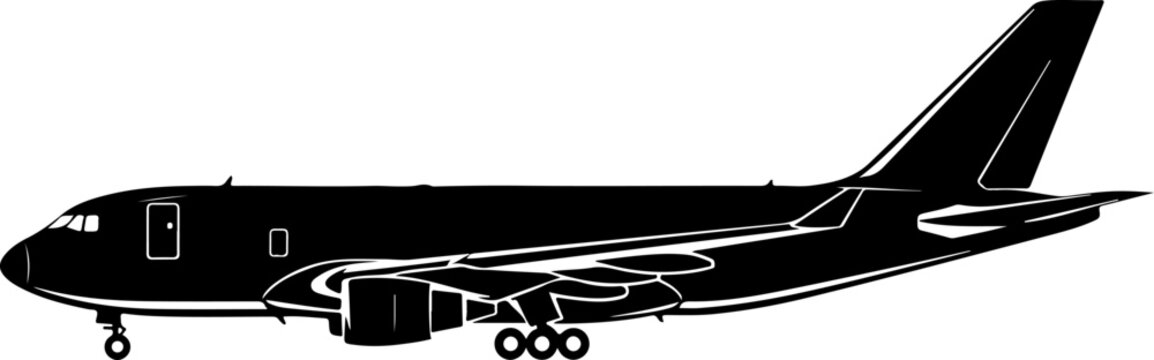 Airplane, black silhouette, commercial jet, vector illustration, aircraft icon