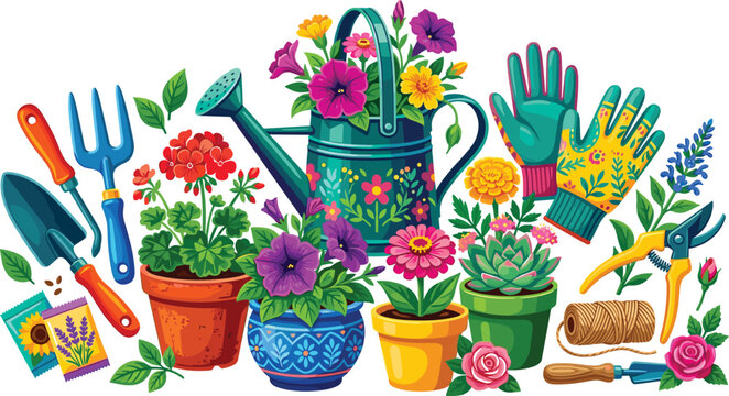 Vibrant Gardening and Horticulture Vector Illustration Featuring Blooming Flowers Potted Plants Watering Can Gloves and Hand Tools for Springtime Designs