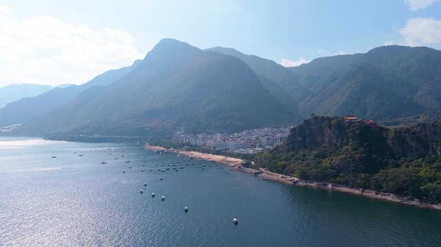 Aerial view of Lu Cong Scenic Area in Fuxian Lake, Yunnan Province