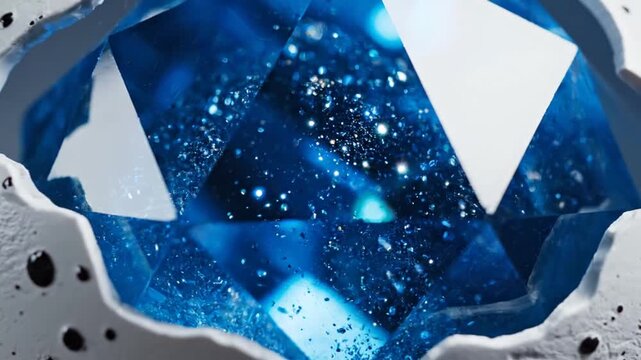Cracked speckled white egg in a twig nest revealing a glowing blue multifaceted geometric crystal gemstone inside instead of a yolk, dark background with blue bokeh lighting.