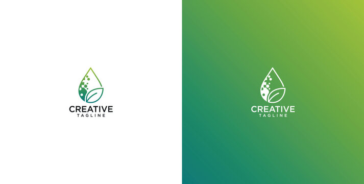 Green eco water drop and leaf technology logo design template with digital pixel details