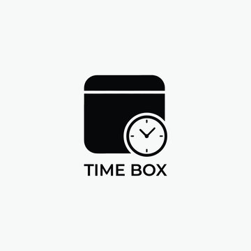 Time box icon with a clock face a black silhouette on a white background for design applications management schedule