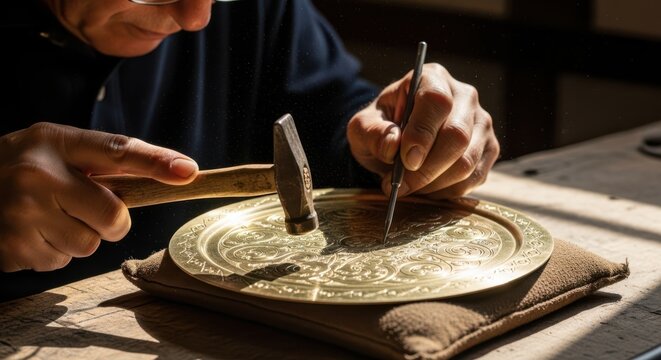 Skilled artisan meticulously hammers intricate patterns onto a decorative brass plate