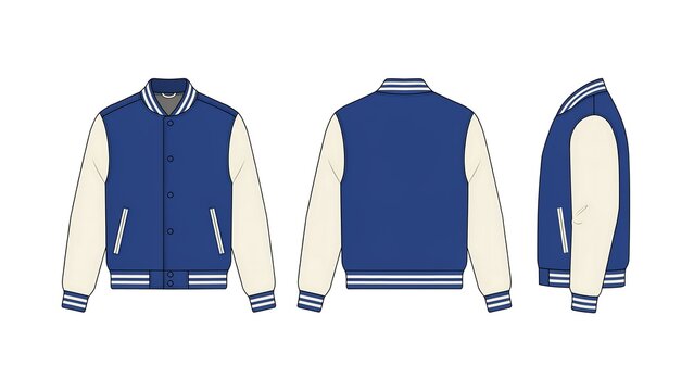 blue and white varsity jacket with stripes  three views